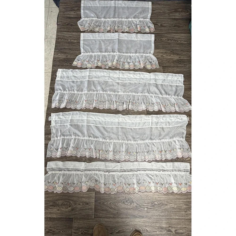 Embroidered Sheer Café Tier Curtains 17pc White Floral Scalloped‎ Country Set